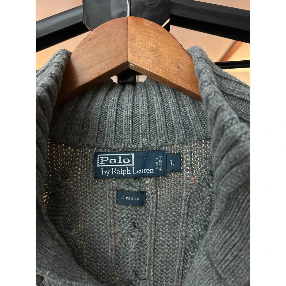 Polo Ralph Lauren Men's Cable Knit Vtg 100% Silk Mock‎ Neck Sweater L Blue